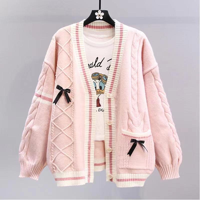 Cardigan tricoté à la mode pour femmes avec motif en couture et nœuds décoratifs