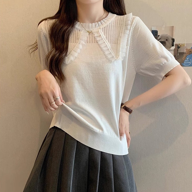 Women Elegant Knit Top with Decorative Ruffle Hem and Breathable Design