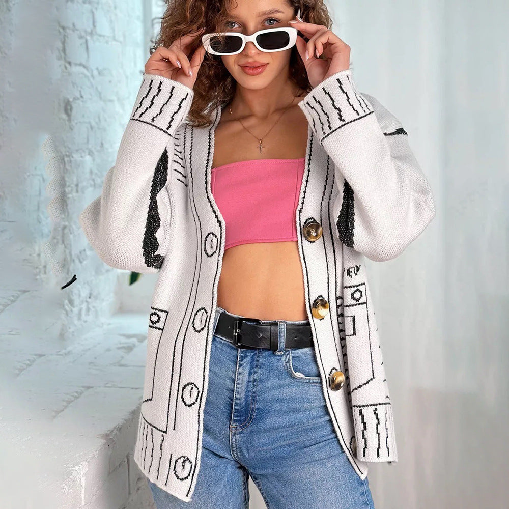 Modern knitted jacket for women with asymmetrical design and decorative buttons Lune London
