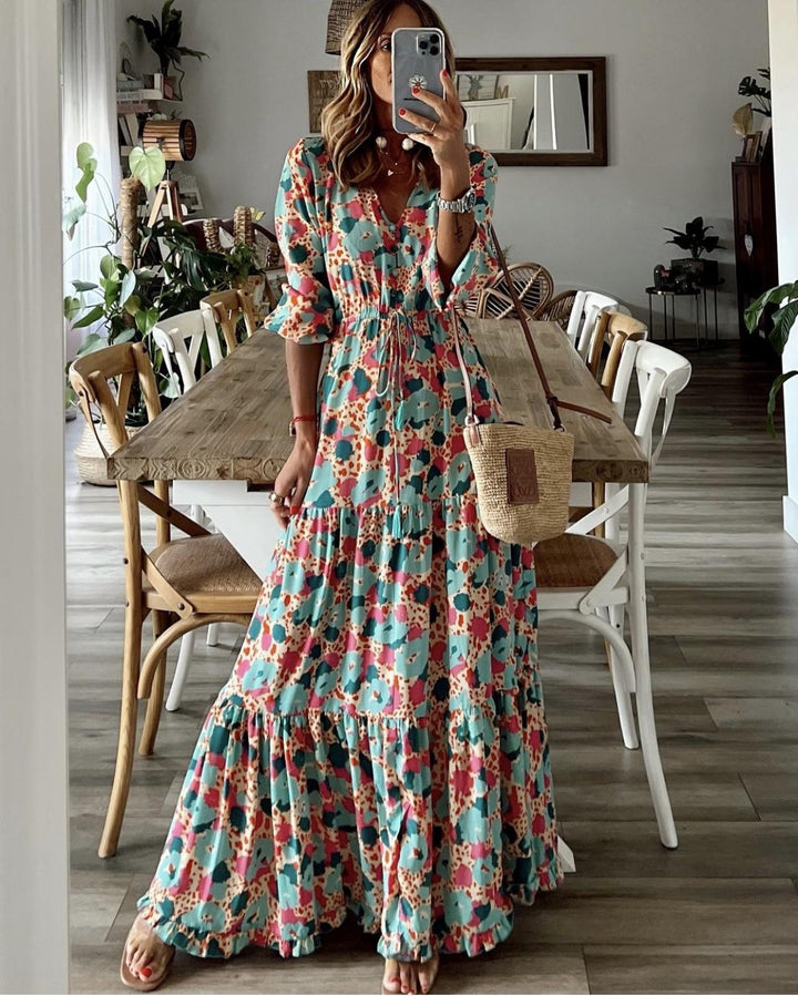 Maxi dress for women with a delicate paisley pattern and an elegant button placket Lune London