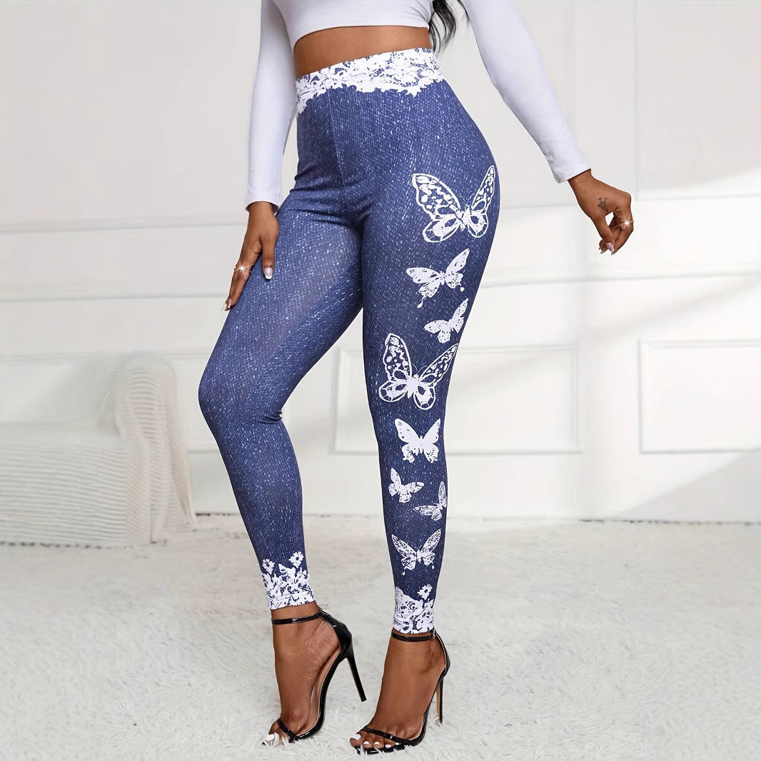 Leggings for women with floral lace trim and colorful butterfly print Lune London