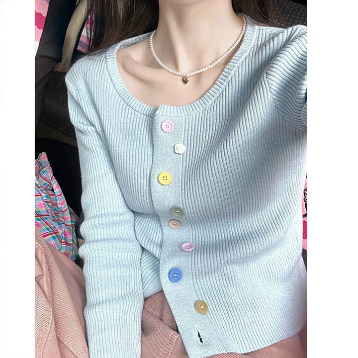 Fine knit jacket for women with colorful buttons and crew neck Lune London