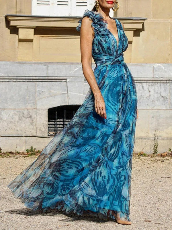 Ladies Elegant Maxi Dress with Delicate Ruffle Details and Opaque Chiffon Lune London