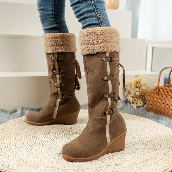 High-quality suede wedge boots for women with trendy pleated design Lune London