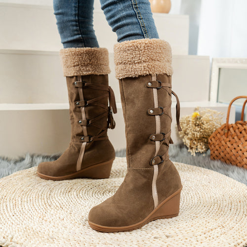 High-quality suede wedge boots for women with trendy pleated design Lune London