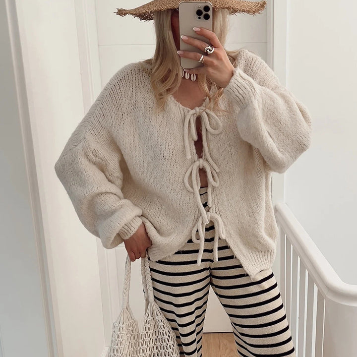 Ladies Cozy Knitted Vest with Decorative Ties Lune London