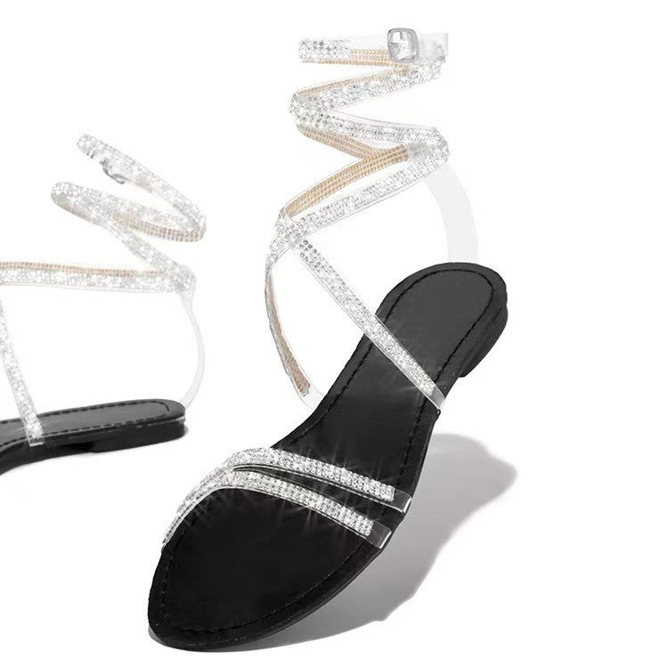 Ladies Glitter Strap Sandals with Chic Rhinestone Ornament Lune London