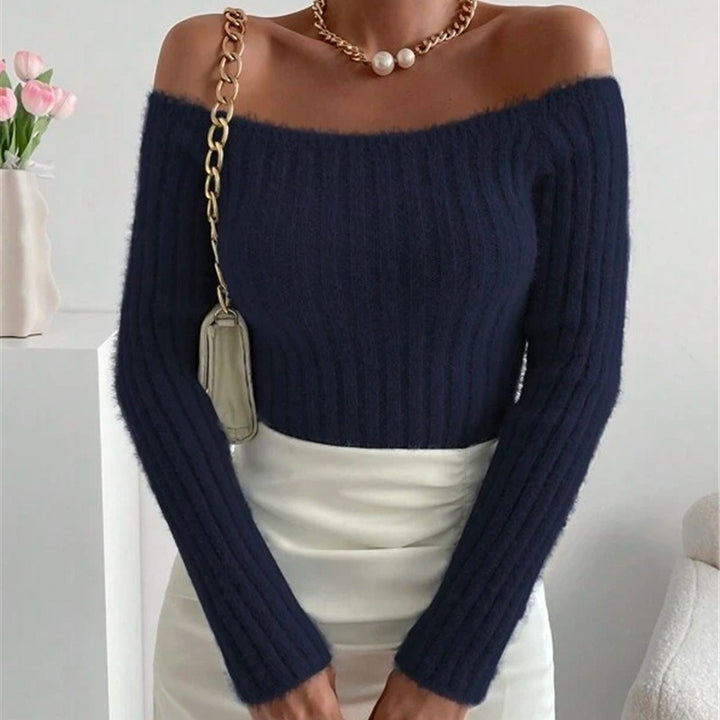 Ladies Off-Shoulder Knit Sweater with Fine Rib Structure and Long Sleeves Lune London