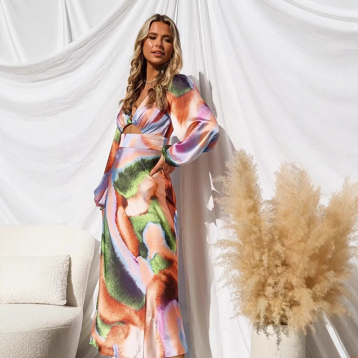 Women's midi dress with innovative cut and colorful pattern Lune London