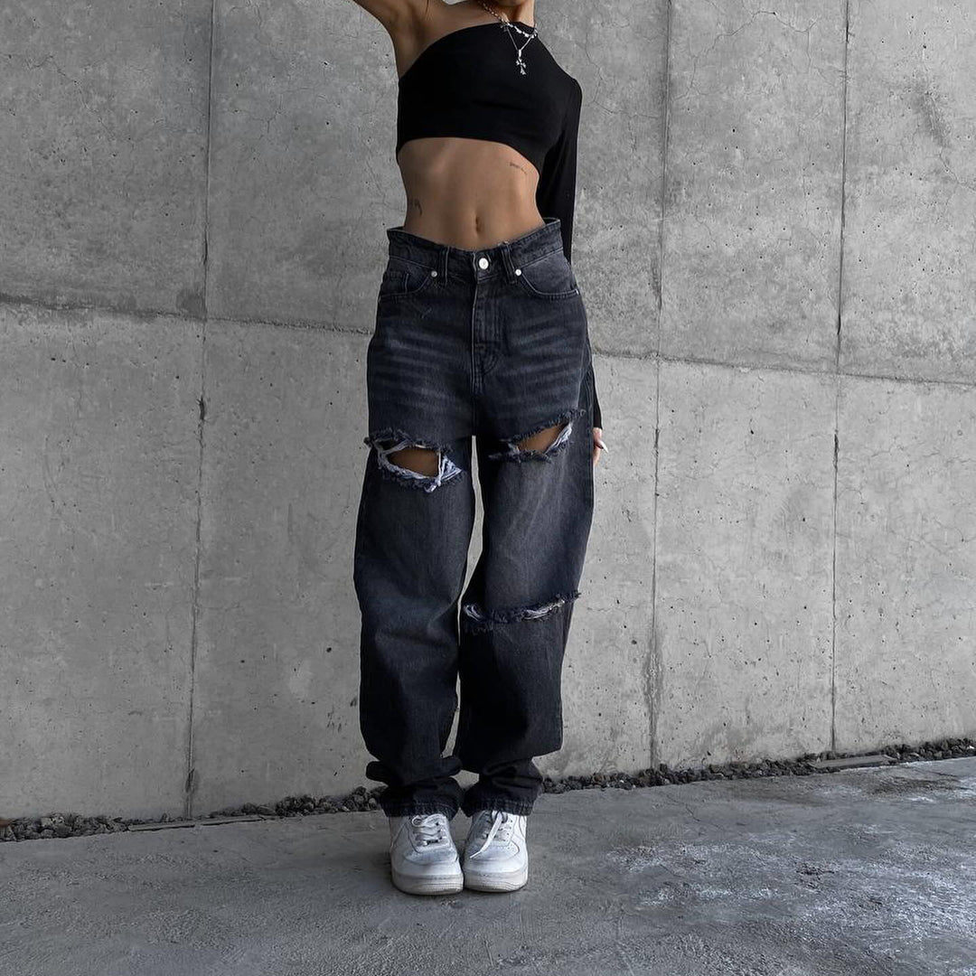 Marlene jeans for women with asymmetrical cut and distressed details Lune London