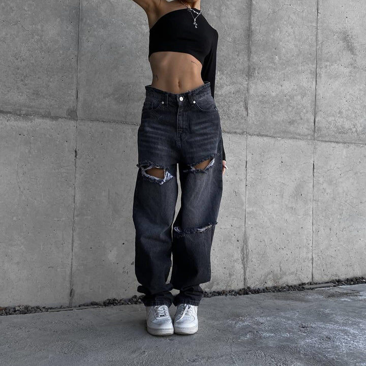 Marlene jeans for women with asymmetrical cut and distressed details Lune London