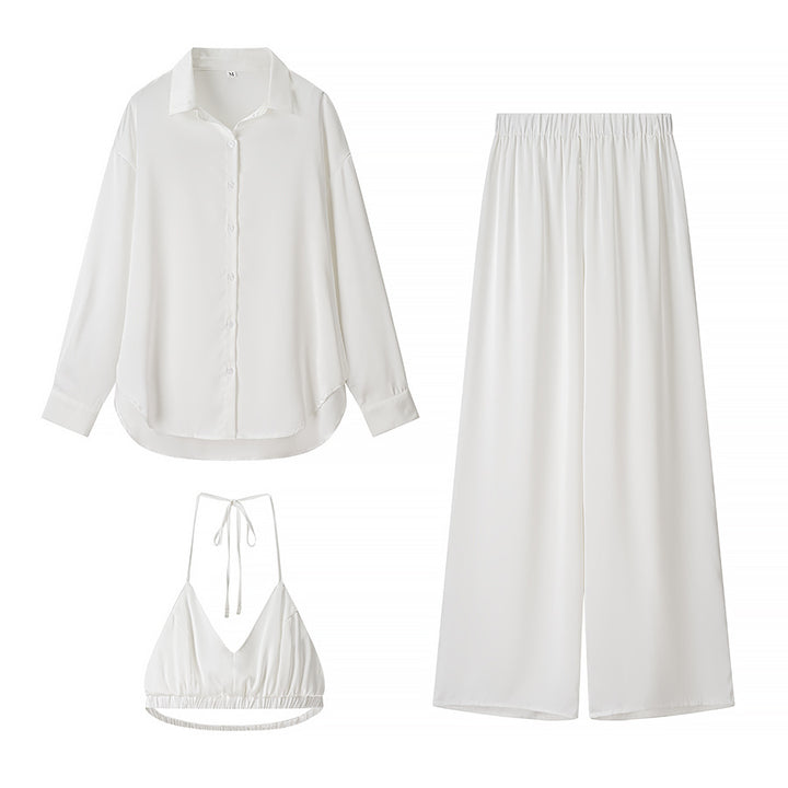 Women's set consisting of an elegant blouse, comfortable palazzo pants, and a trendy bralette Lune London