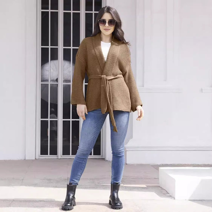 Ladies chunky knit cardigan with waist belt and open front Lune London