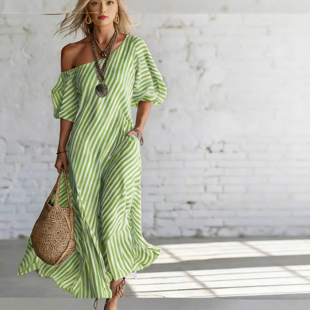 Women's maxi dress with asymmetric cut and striking stripes Lune London