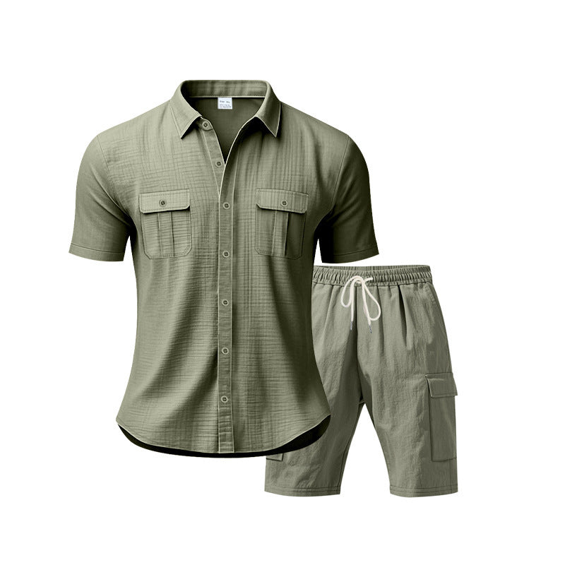 H men's casual short sleeve shirt and chic cargo shorts outfit