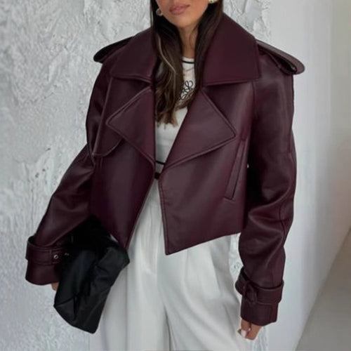 Women's faux leather biker jacket with wide lapels Lune London