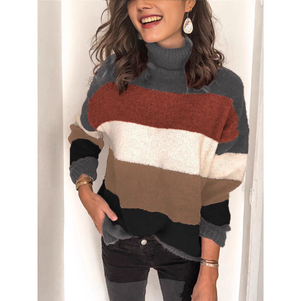 Stylish knitted sweater for women with a relaxed roll neck and chic color block design