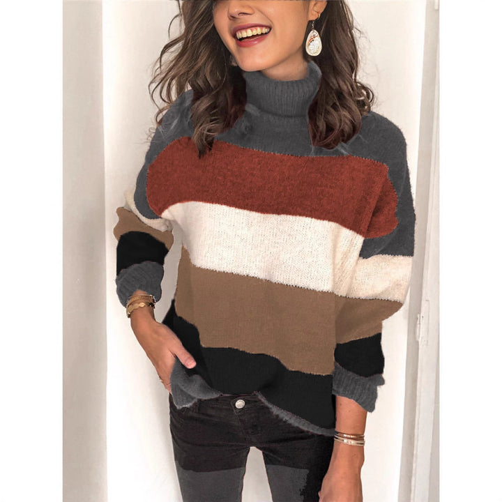 Stylish knitted sweater for women with a relaxed roll neck and chic color block design
