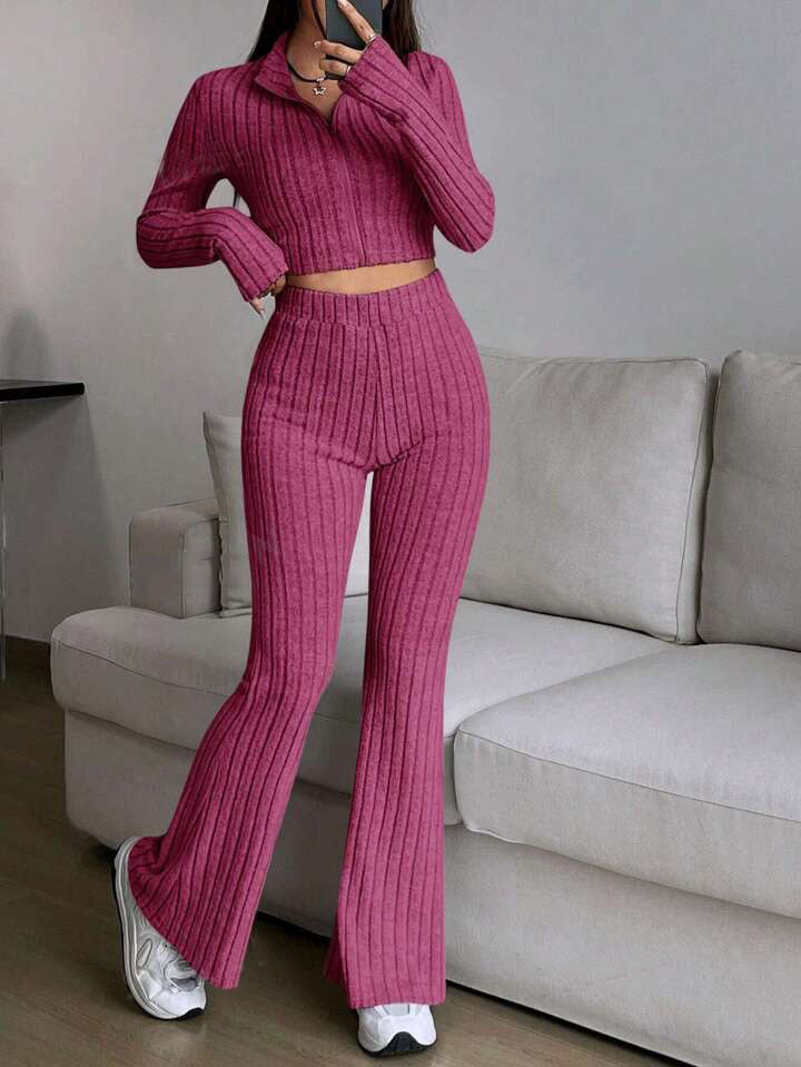 Modern knit set for ladies with cropped top and wide pants Lune London