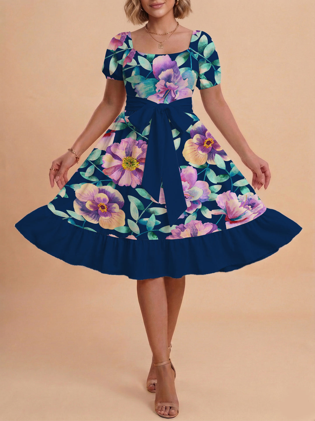 Women's floral dress with adjustable belt and voluminous sleeves Lune London