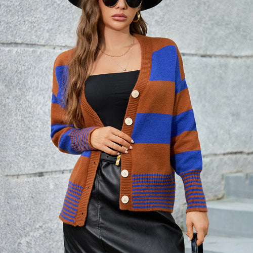 Knitted jacket for women with a striking striped pattern and large buttons Lune London