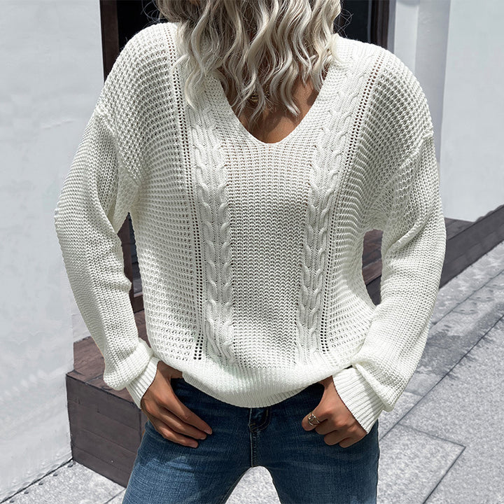 Knit sweater for women with V-neck and structural pattern Lune London