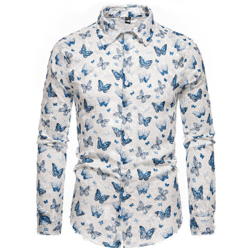 Men's Long Sleeve Shirt with an Eye-catching Butterfly Pattern and High-Quality Cotton Fabric Lune London