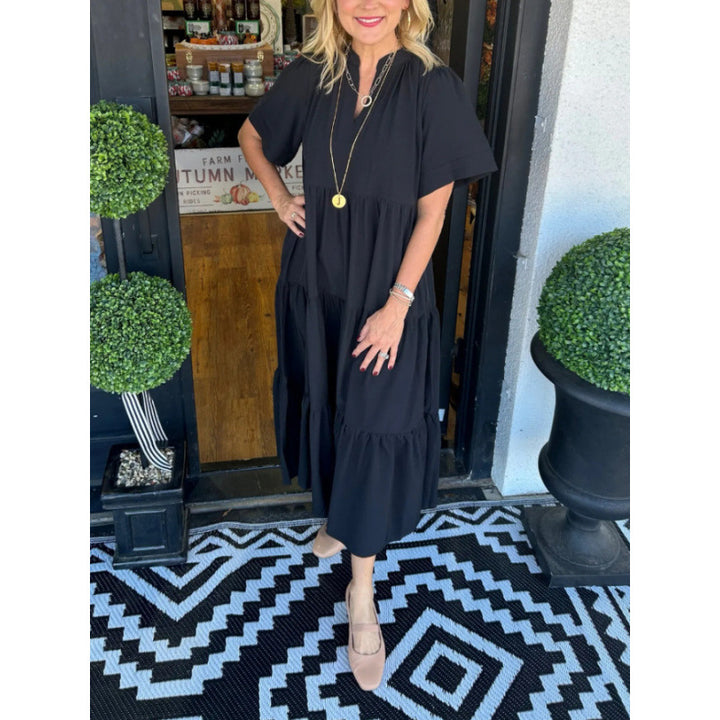 Maxi dress with long sleeves for women with V-neck and ruffle detail Lune London