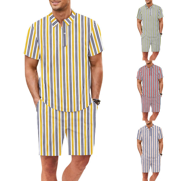 Men's set consisting of a short-sleeved blouse and shorts with a chic striped design