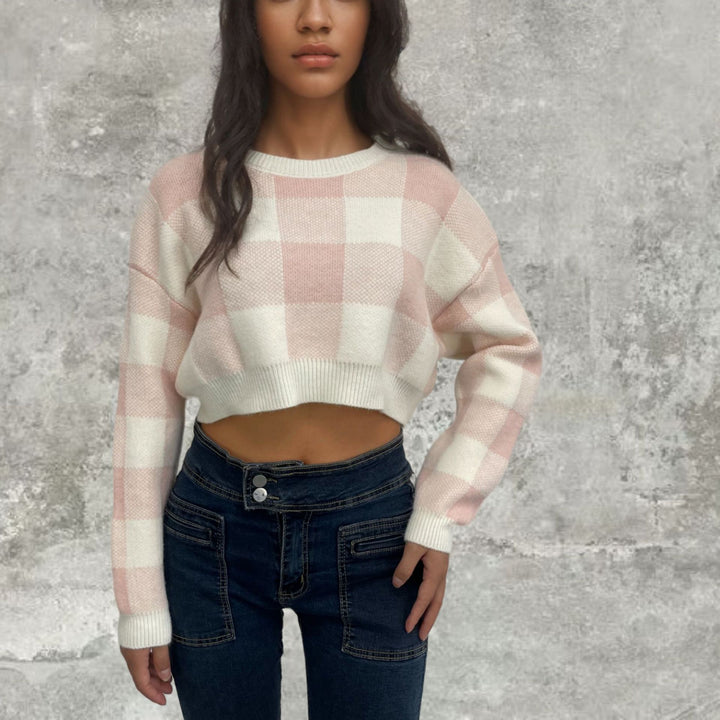 Lune London long sleeve cropped sweater for women with checked pattern