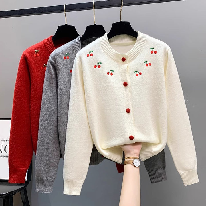 Ladies playful cardigan with embroidered cherries and red buttons Lune London