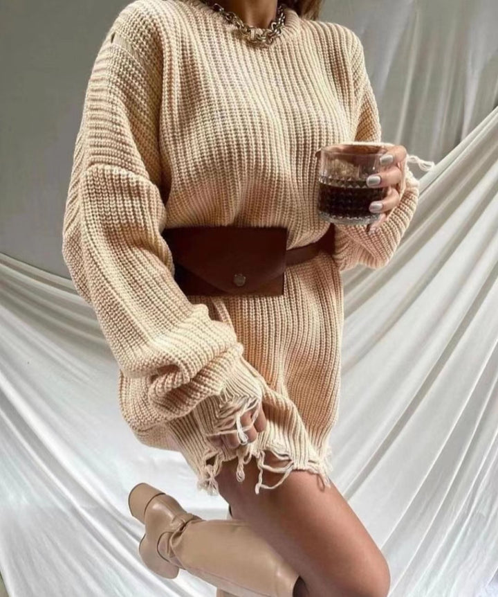Knitted dress for women with asymmetric hem and trendy belt Lune London
