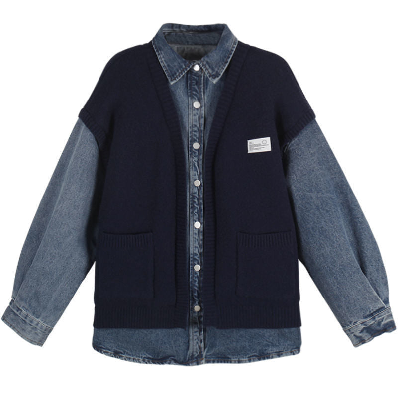 Women casual denim jacket with textured knit design Lune London