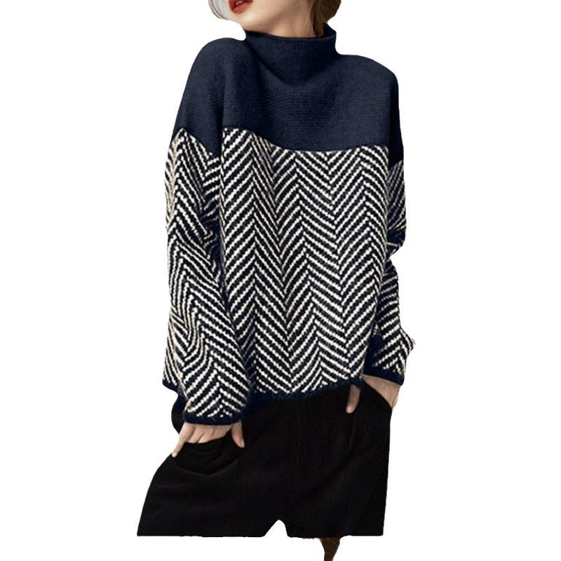 Pull en tricot épais pour femmes avec col haut et motif chevron moderne Chic & Stil