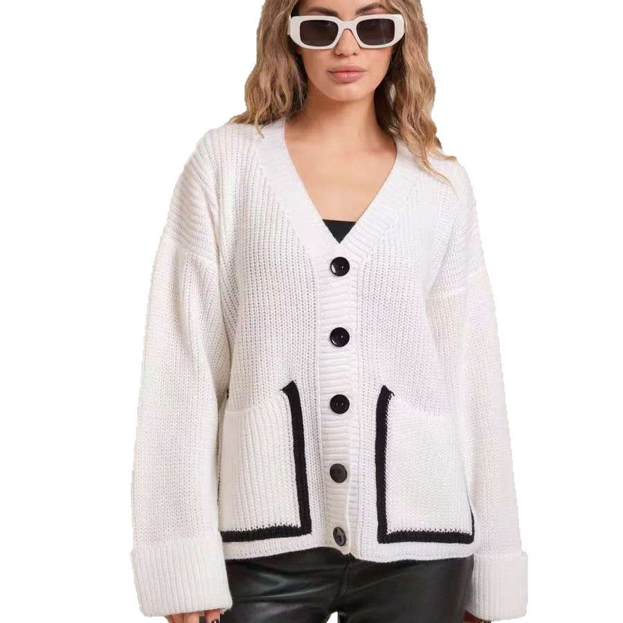 Ladies chunky knit cardigan with front openings and large buttons Lune London