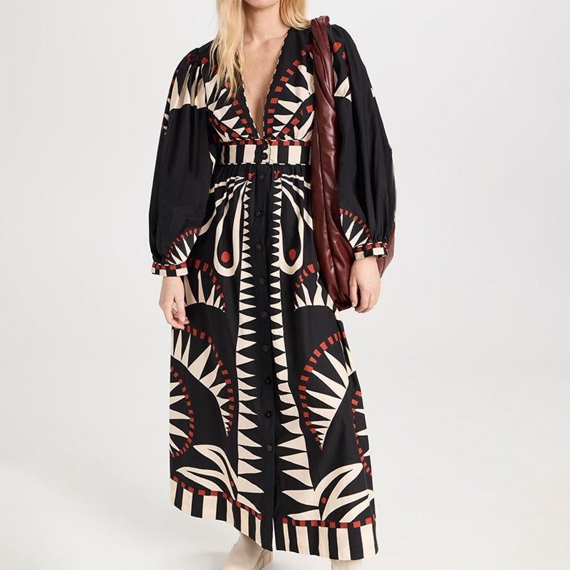 Maxi dress for women with an original geometric pattern and an elegant button placket Lune London