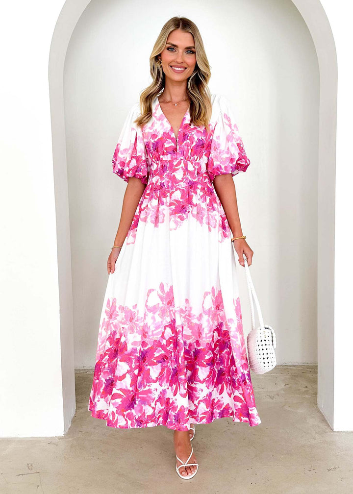Maxi dress for women with voluminous puff sleeves and floral design Chic & Stil