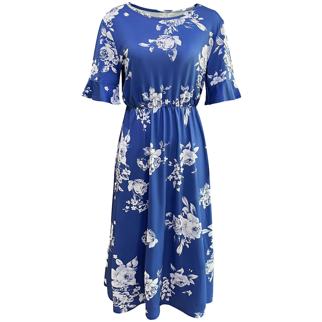 Midi dress for women with floral pattern and elastic waist Lune London