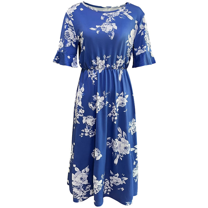 Midi dress for women with floral pattern and elastic waist cord Lune London
