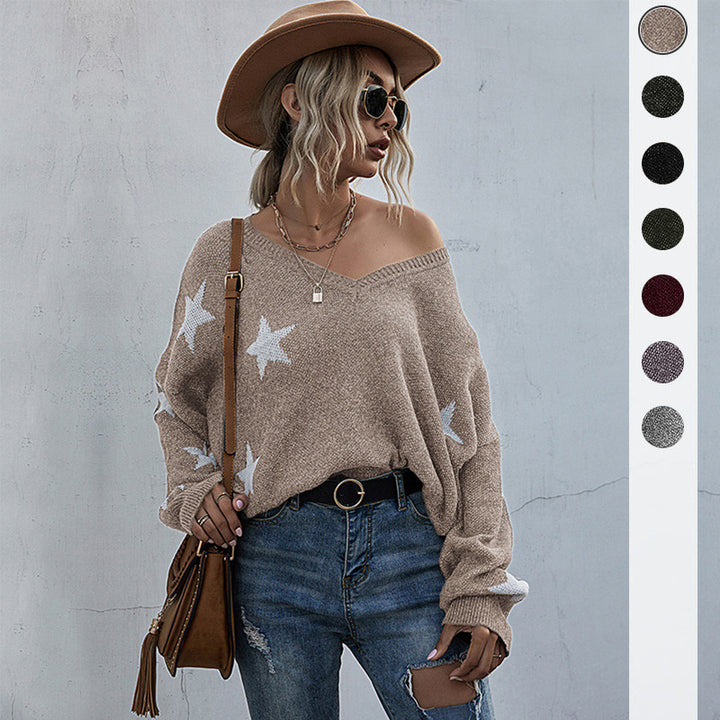 Sweater oversize pour femmes avec motif étoilé et décolleté en V profond Chic & Stil