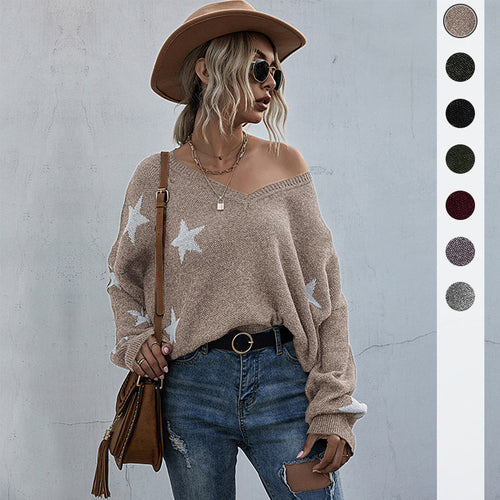 Sweater oversize pour femmes avec motif étoilé et décolleté en V profond Chic & Stil