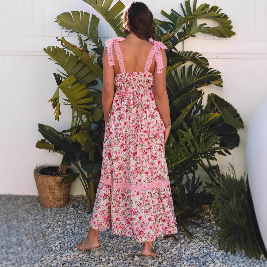 Maxi dress for women with floral patterns and playful lace insert Lune London