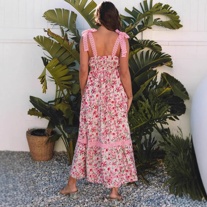 Maxi dress for women with floral patterns and playful lace insert Lune London