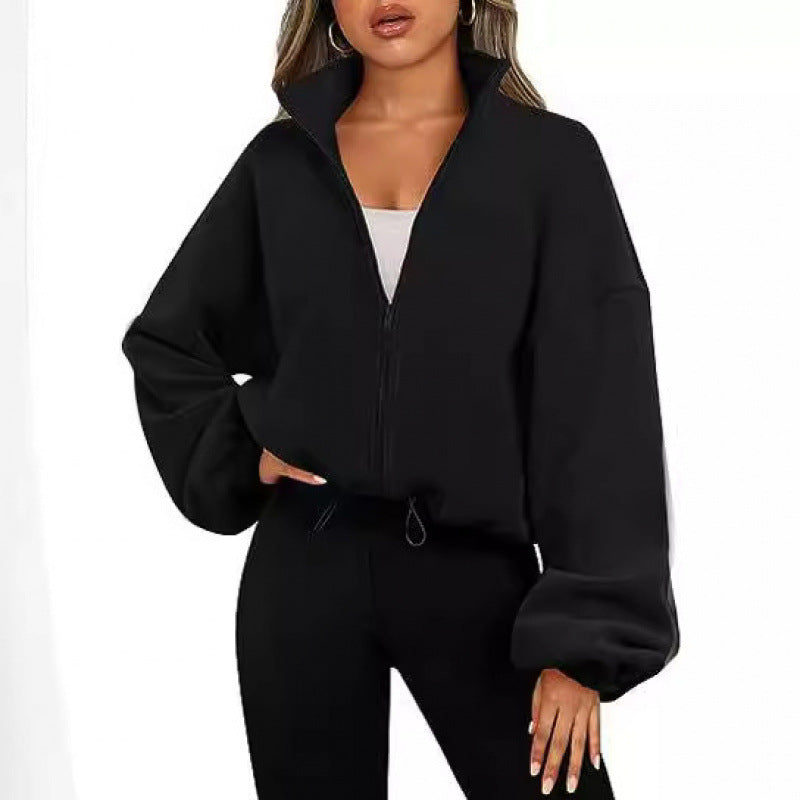 Trendy oversized zip-up pullover for ladies with high collar and drawstring Lune London