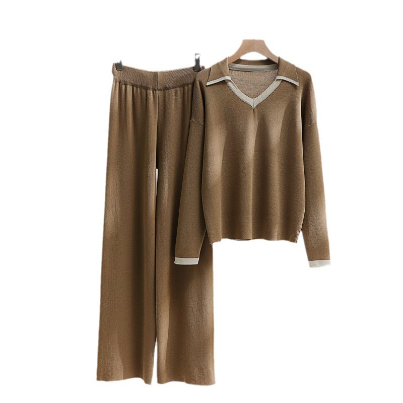 Comfortable knit lounge set for women with contrasting collar and wide leg Lune London