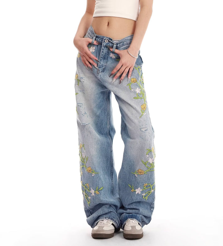 Ladies embroidered wide Denim jeans Lune London