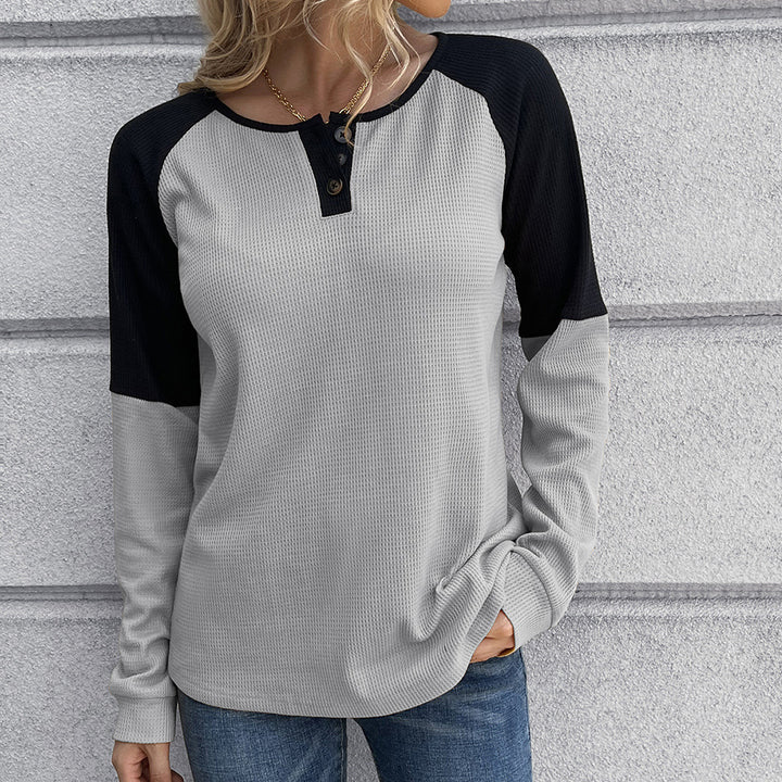 Casual women's Henley shirt in textured fabric with contrasting sleeve design Lune London