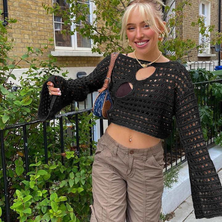 Ladies casual cropped knit sweater with a unique hole pattern Lune London