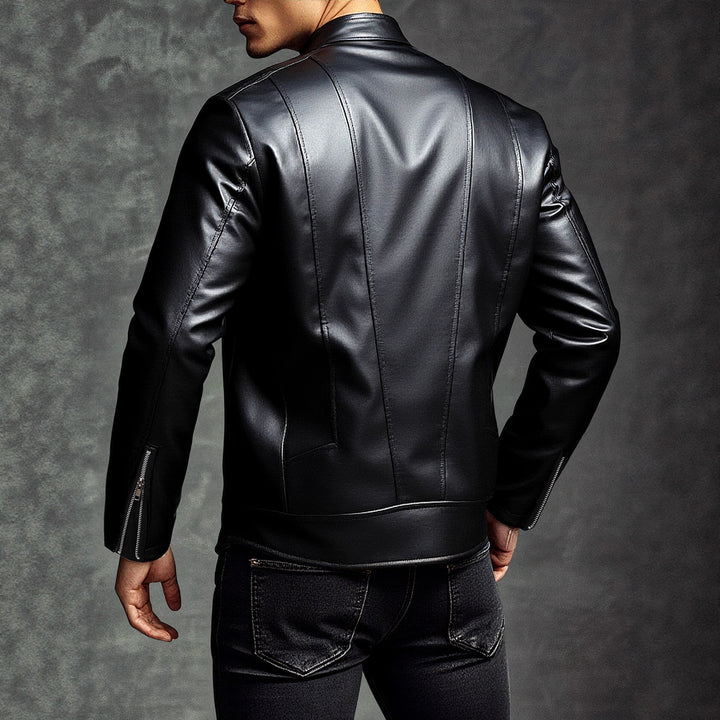 Trendy men's leather biker jacket with asymmetrical zipper and chic and stylish details