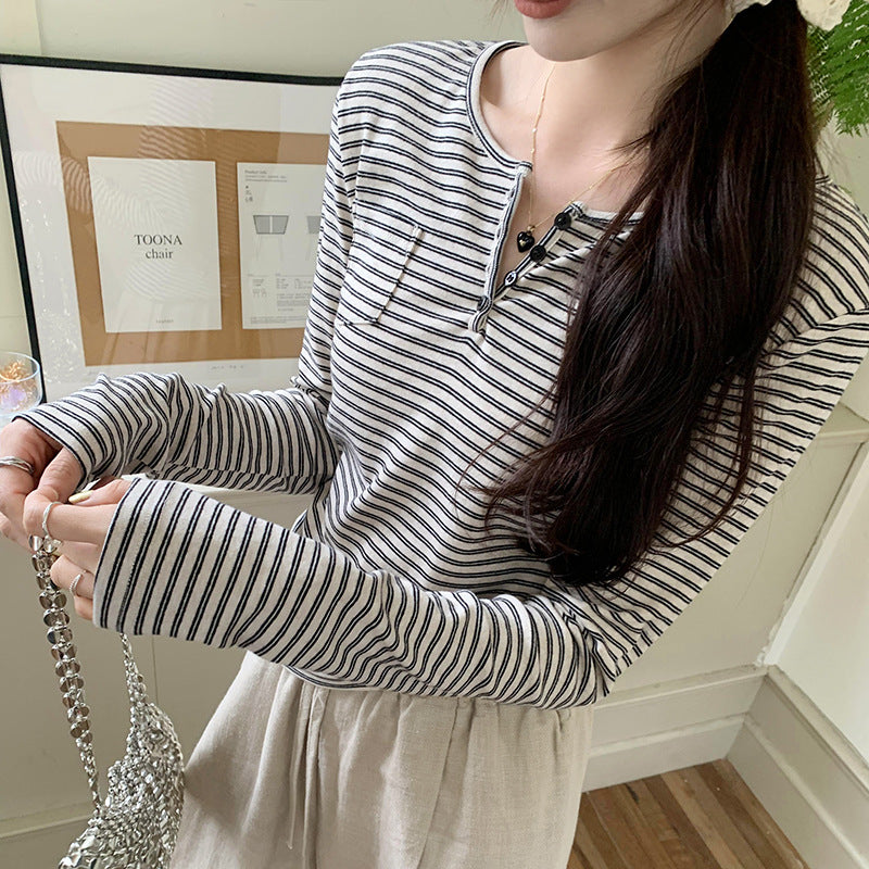 Women's stylish long-sleeve shirt with button placket and stripe pattern Chic & Stil